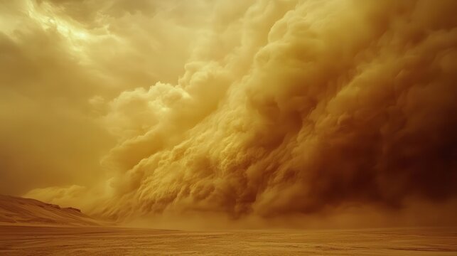 massive rolling clouds of golden sand engulfing desert landscape, dramatic lighting piercing through dust storm, ethereal atmosphere