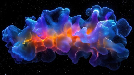 Obraz premium microscopic drama of cellular division captured in bioluminescent colors, intricate membrane details glowing against deep space black background