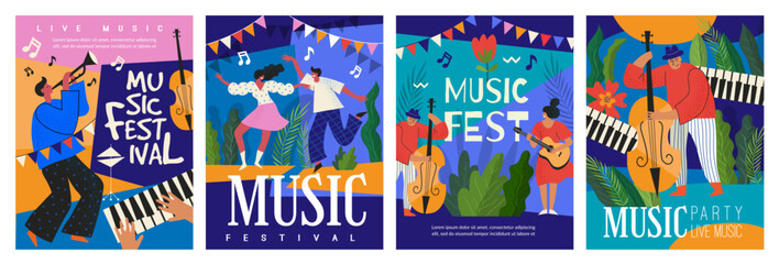 Music festival poster. Party art illustration, background abstract, design flowers and leaves. People romantic couple spring. Summer banner, nature background. Vector carnival event invitation set