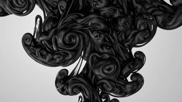 Abstract thick, viscous black ink swirling and blooming against a white background