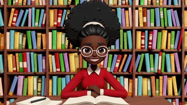 Animated black female student with glasses sitting in a library having a Eureka moment