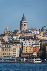 Fototapeta premium View of the Galata Tower from Eminonu district, Beyoglu district, Istanbul, Turkey. Bosphorus, Galata bridge, sunny day