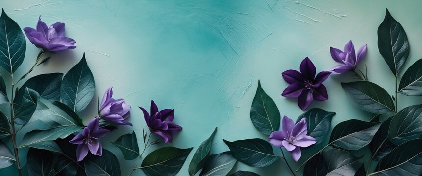 Dark green leaves and purple flowers framing a textured teal background.