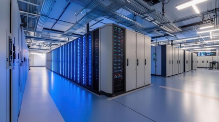 modern data center interior with glowing server racks stretching to infinity, cool blue led lighting creating tech atmosphere