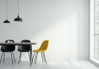 Minimalist dining room with yellow chair, black table and chairs, and large window.