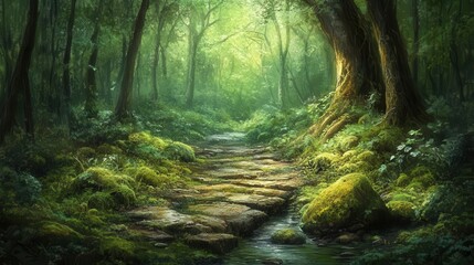Obraz premium mystical forest creek winding through ancient moss-covered stones, dappled sunlight filtering through dense emerald canopy