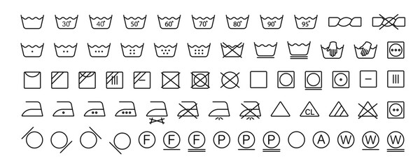 Wash modes icons set. Textile mode cleaning symbols set. Vector icons