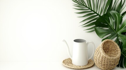 White Watering Can and Wicker Basket with Palm Leaves on White Background