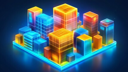 Naklejka premium Neon-lit, Voxel-Style Cityscape at Night, Glowing Buildings and Structures