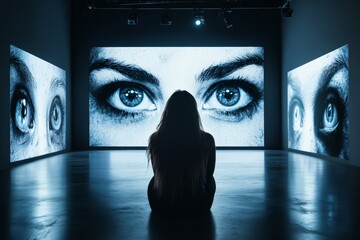 A 2D representation of a person sitting in a room with small, abstract eyes drawn on the walls, symbolizing the feeling of being constantly watched