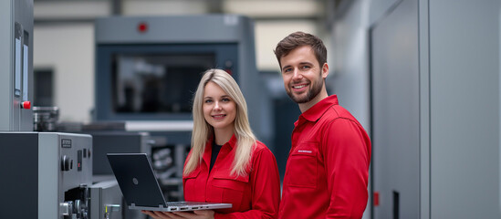 Portrait of two smiling Workers toghether on a cnc machine