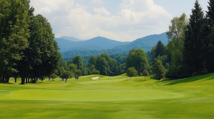rolling green golf course landscape with pristine fairways, sand traps, and mountain backdrop