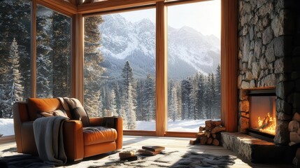 rustic mountain lodge interior bathed in golden hour light, featuring leather armchair, crackling stone fireplace, and snow-dusted pine forest view