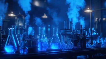 scientific laboratory scene with dramatic blue backlighting, crystalline beakers containing fluorescent liquids, steam effects, and precise glass apparatus arrangements