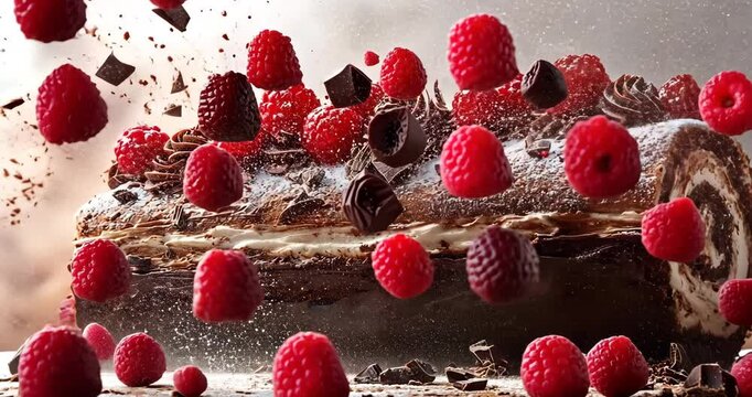 A chocolate swiss roll cake with raspberries exploding in slow motion.