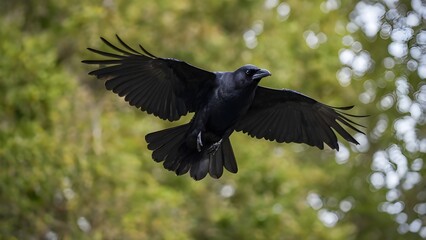 Obraz premium Black bird raven with open beak sitting on the stone