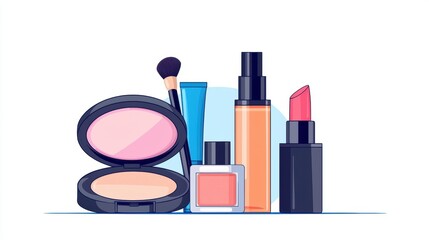 A vibrant collection of makeup cosmetics including lipsticks, foundation, blush, and brushes, perfect for beauty enthusiasts looking to enhance their makeup routine.