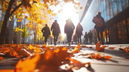 Obraz premium students traversing a vibrant college quad during autumn, soft bokeh effect, fallen leaves dancing in sunlight, modern architecture in background