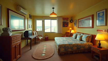 Cozy retro motel room decorated in vintage American style. It has a double bed with colorful patterned blanket and fluffy pillows.