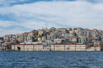 Obraz premium Panorama on the shore of the Bosphorus near Kabatash pier on a sunny day