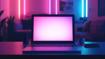 Laptop on desk, neon lights, home office, blank screen