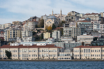 Fototapeta premium Panorama on the shore of the Bosphorus near Kabatash pier on a sunny day