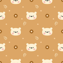 Face polar bear cartoon so cute. On flower yellow background. Pattern seamless vector illustration. 