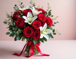 Obraz premium Bride's bouquet made of red rose and white lily flowers on pastel pink background. Valentines day, Women's and Mother's day, wedding, anniversary, birthday. Love and romantic proposal. Card, poster