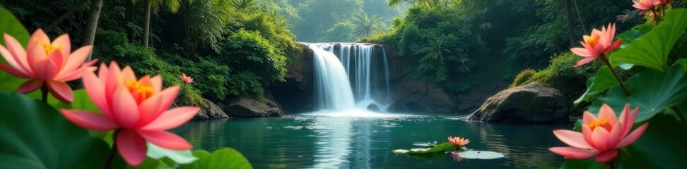 Obraz premium Exotic blooms surround a tranquil Kerala water fall, scenery, Kerala, landscape