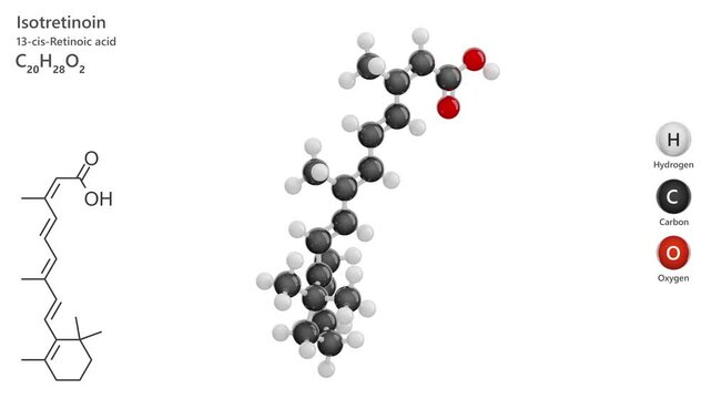 Isotretinoin. Animated 3D model of a molecule. Molecular formula: C20H28O2. Chemical model: Ball and sticks. White background. 3D rendering. Seamless loop.