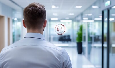 Businessman walking office hallway, data visualization