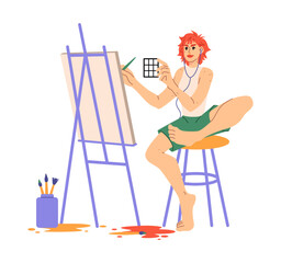 Fototapeta premium Characters leisure. Creative hobby. Happy woman painting picture. Girl at easel canvas drawing with paints palette and listening to music. Creativity craft studio. Artistic workshop. Vector concept