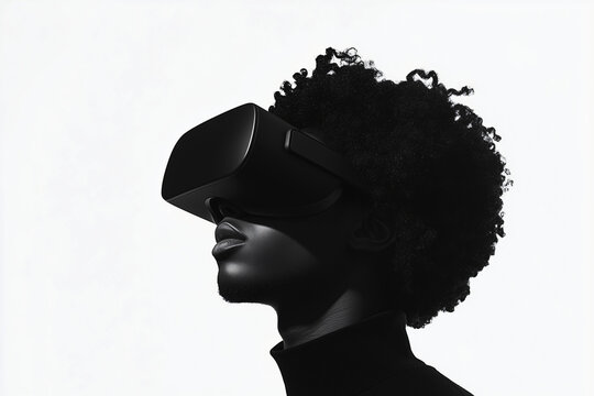 Virtual Reality Immersion: A person with an afro hairstyle is fully immersed in a virtual reality experience, wearing a sleek VR headset. The image is a profile shot against a bright background.