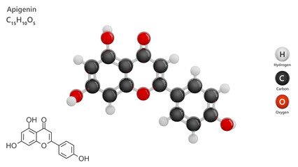 Molecule: Apigenin. Molecular structure. Formula: C15H10O5. Chemical model: Ball and stick. White background. 3D illustration.