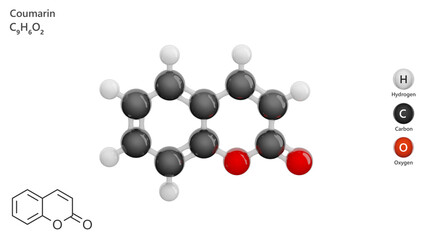 Molecule: Coumarin. Molecular structure. Formula: C9H6O2. Chemical model: Ball and stick. White background. 3D illustration.