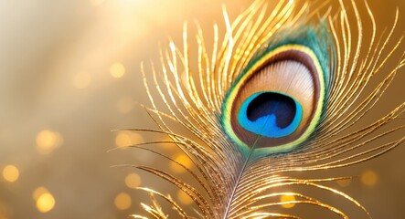 Close up of radiant gold peacock feather on vibrant golden background symbolizing beauty and prosperity with ample space for text overlay.