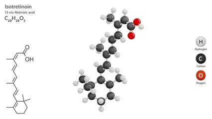 Molecule: Isotretinoin. Molecular structure. Formula: C20H28O2. Chemical model: Ball and stick. White background. 3D illustration.