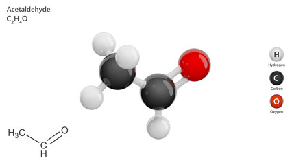 Molecule: Acetaldehyde or Ethanal. Molecular structure. Formula: C2H4O. Chemical model: Ball and stick. White background. 3D illustration.