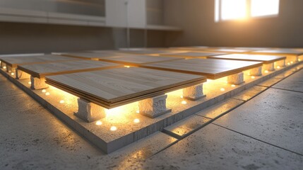 Wooden floor panels installed on raised supports with underfloor lighting in a sunlit room
