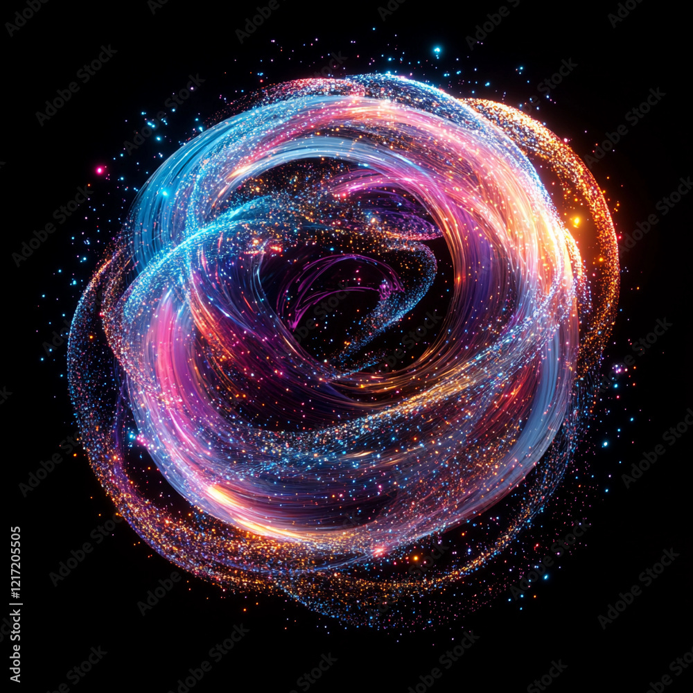 Poster glowing spherical particle effect showcasing vibrant colors and dynamic movement in a cosmic environ