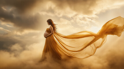 A creative maternity photoshoot: a pregnant woman dressed as a goddess in flowing golden fabric, standing under a dramatic sky, surrounded by clouds and glowing sunlight. Generative AI.