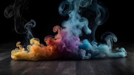 Dense multicolored smoke of red, purple and pink colors on a black isolated background. Background of smoke vape