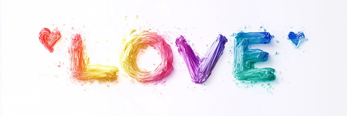 Colorful rainbow-hued "LOVE" text on a white backdrop, romantic and modern.
