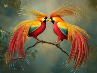 Two bright birds with long tail feathers perched on a branch, jungle background, possible for kids books