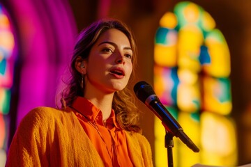 A woman speaks passionately into a microphone. The vibrant stained glass creates an inspiring backdrop. She captivates her audience with her words. Generative AI.