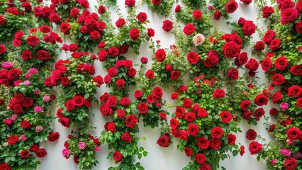 Naklejka premium A wall covered in lush greenery with vibrant red roses of various shapes and sizes blooming against a soft white background, nature, flora