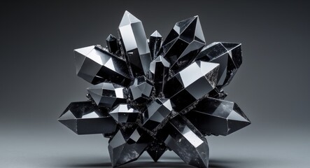 Close up of star shaped cluster of black crystals arranged in unique sizes and shapes