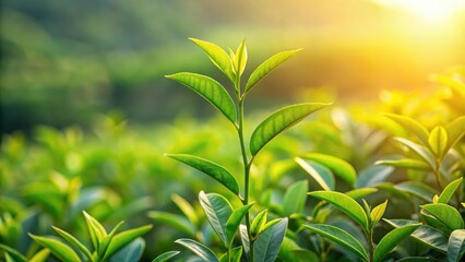 Obraz premium Fresh tea buds on a green tea plant branch, green tea, plant life, green tea, plant life