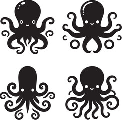 Silhouette vector illustration of a flat octopus art.  octopus set in black color with a white background