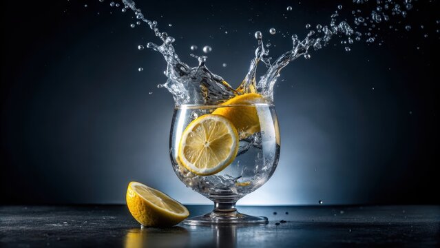 Lemon slice sinks slowly into a glass of gin tonic, causing the liquid to splash and rise upwards in a mesmerizing display of citrusy refreshment, liquid, lemon